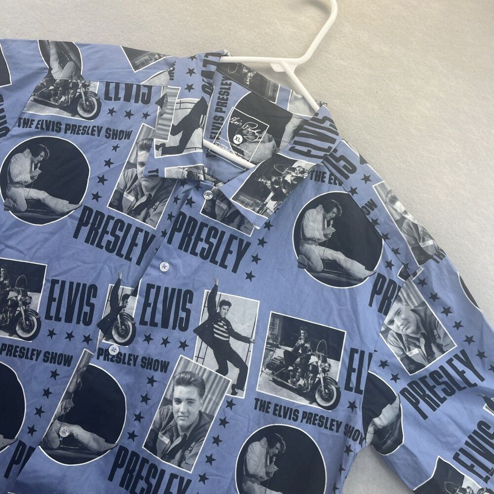 Elvis Presley Mens Shirt All Over Print Hawaiian Button Up Blue Show Sz XL